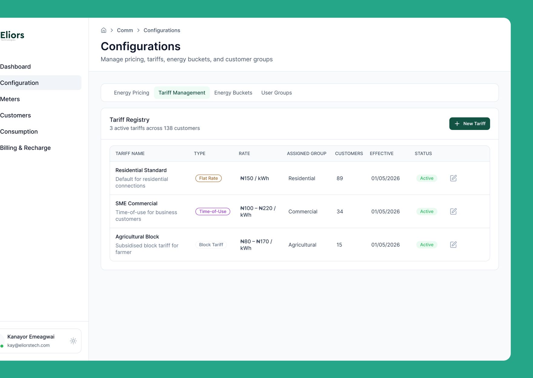Tariff configuration screen showing flat rate, time-of-use, and block tariffs with assigned customer groups and active customer counts