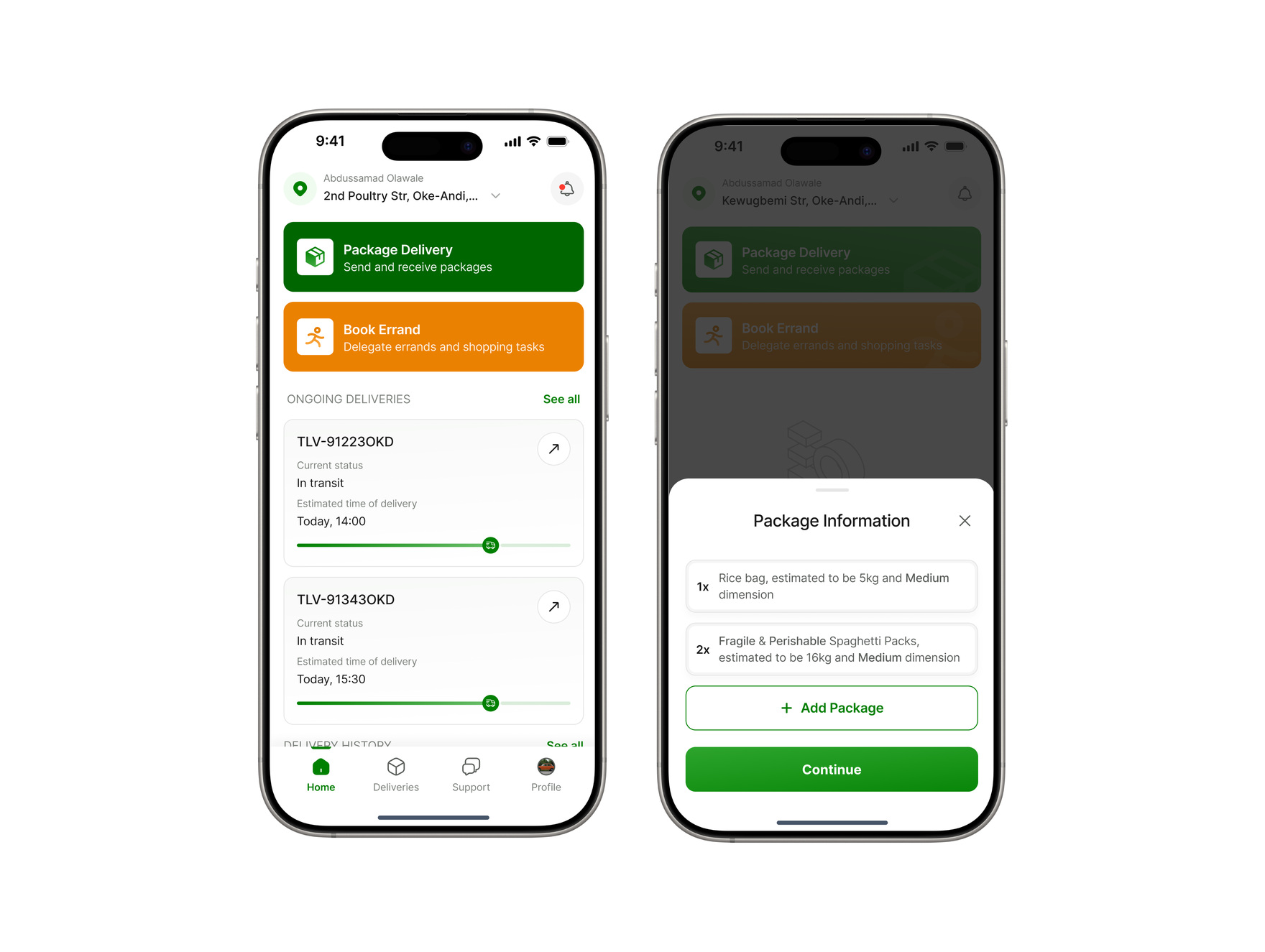Thelivry mobile app home and package information screens