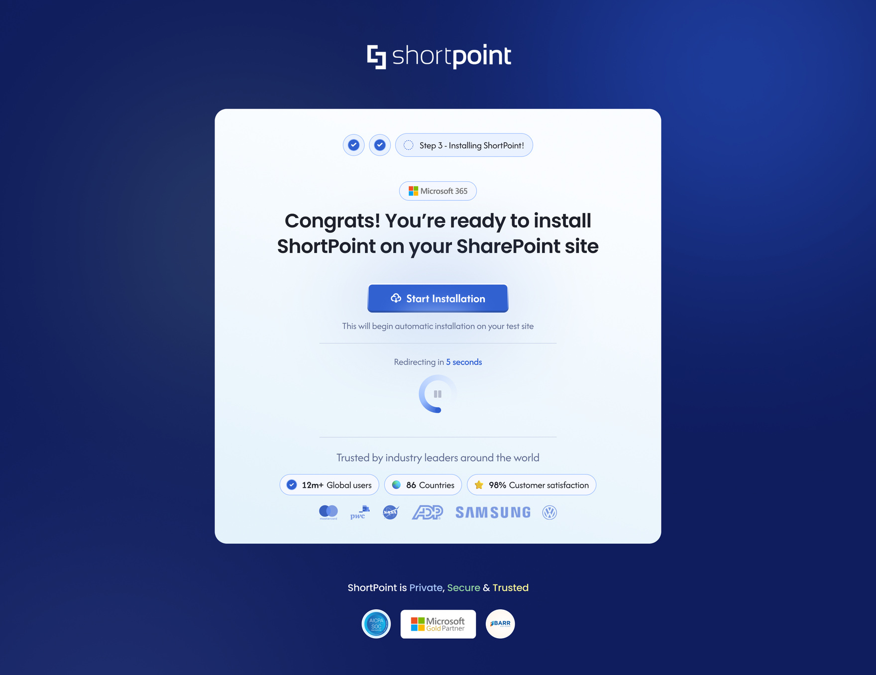 ShortPoint installation step, ready to install on SharePoint
