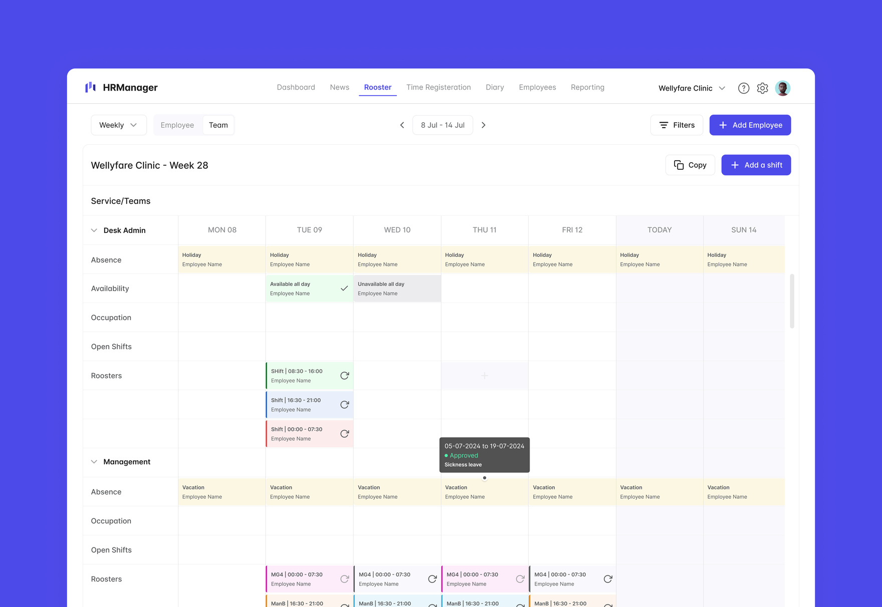 HRManager weekly roster and shift scheduling dashboard