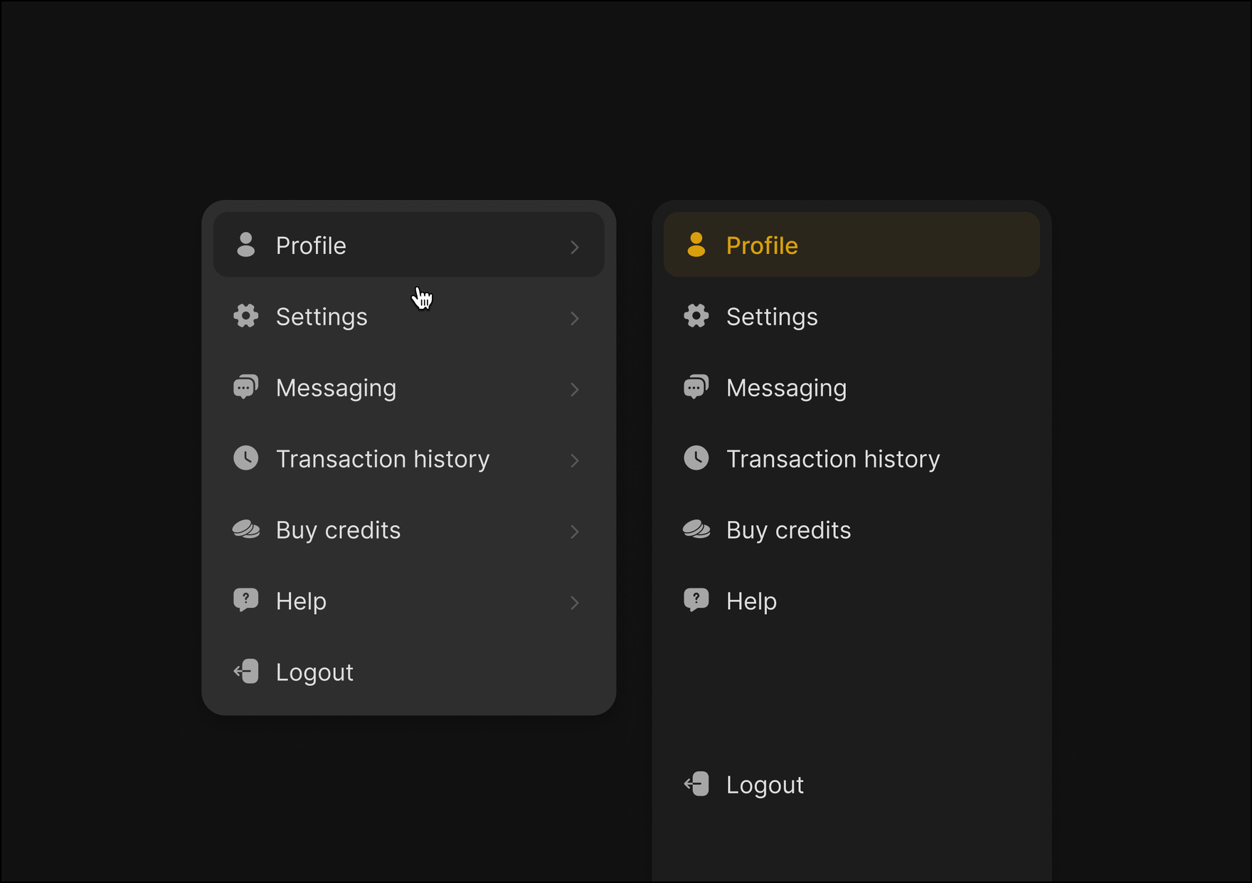 Account dropdown menu, default and active states