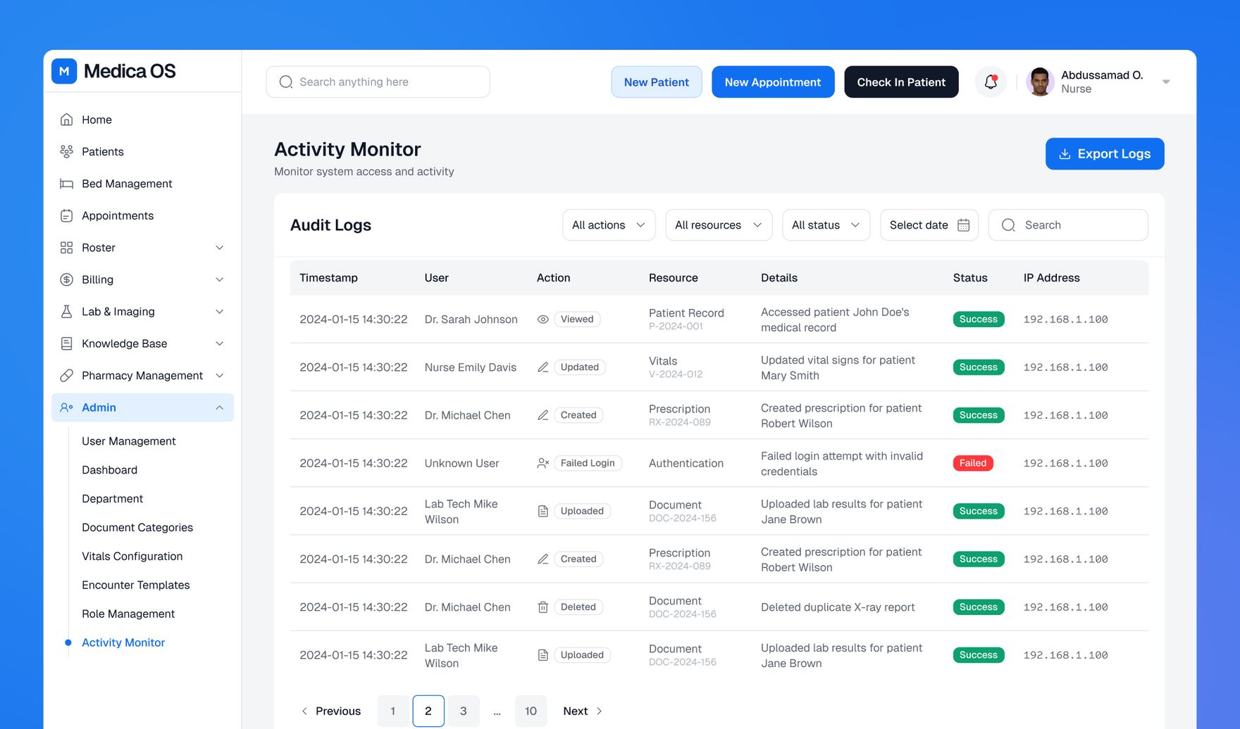 Activity monitor audit log showing timestamped actions, users, and status across the system