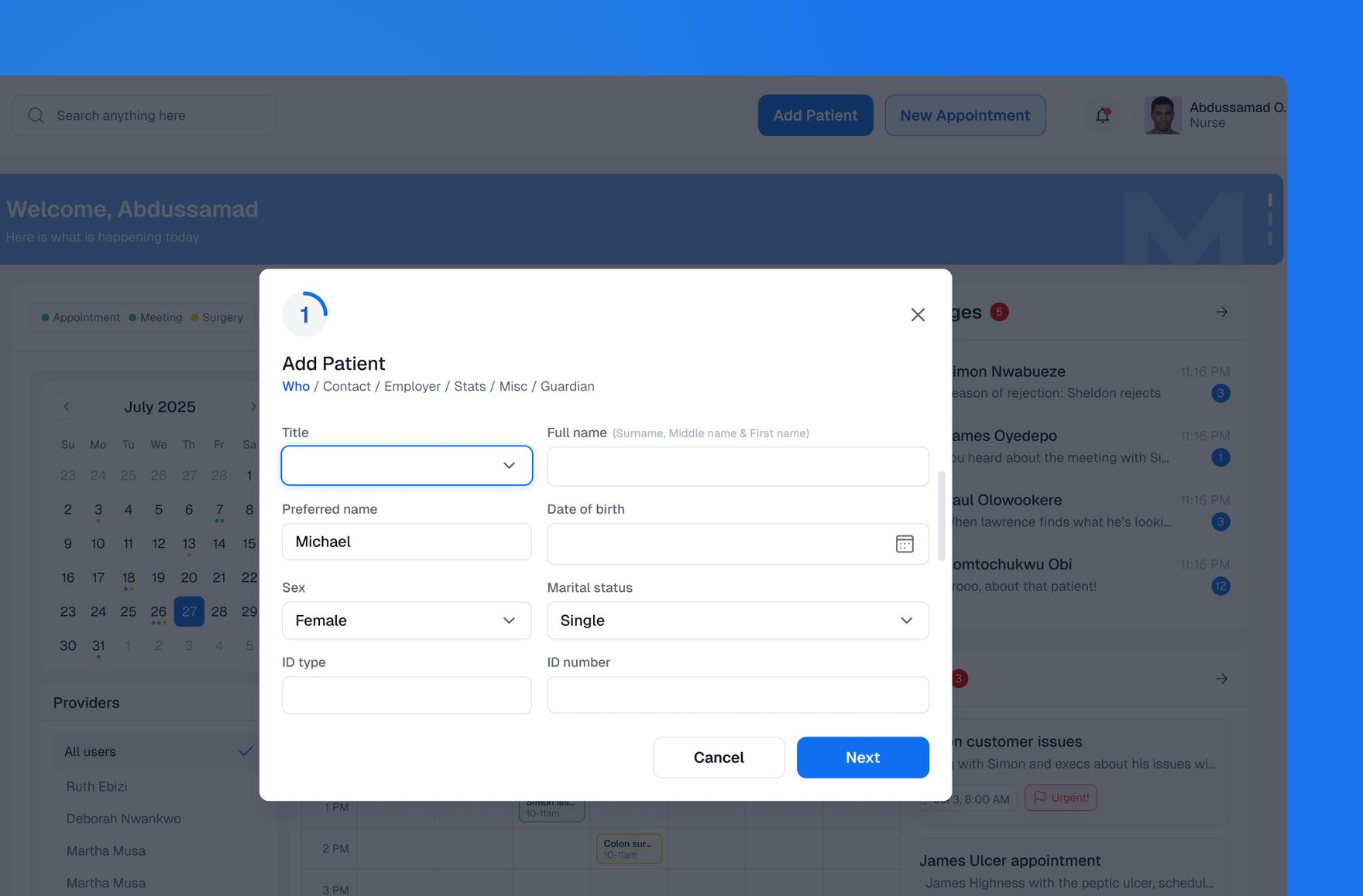 Add Patient registration wizard showing name, date of birth, sex, marital status, and ID fields
