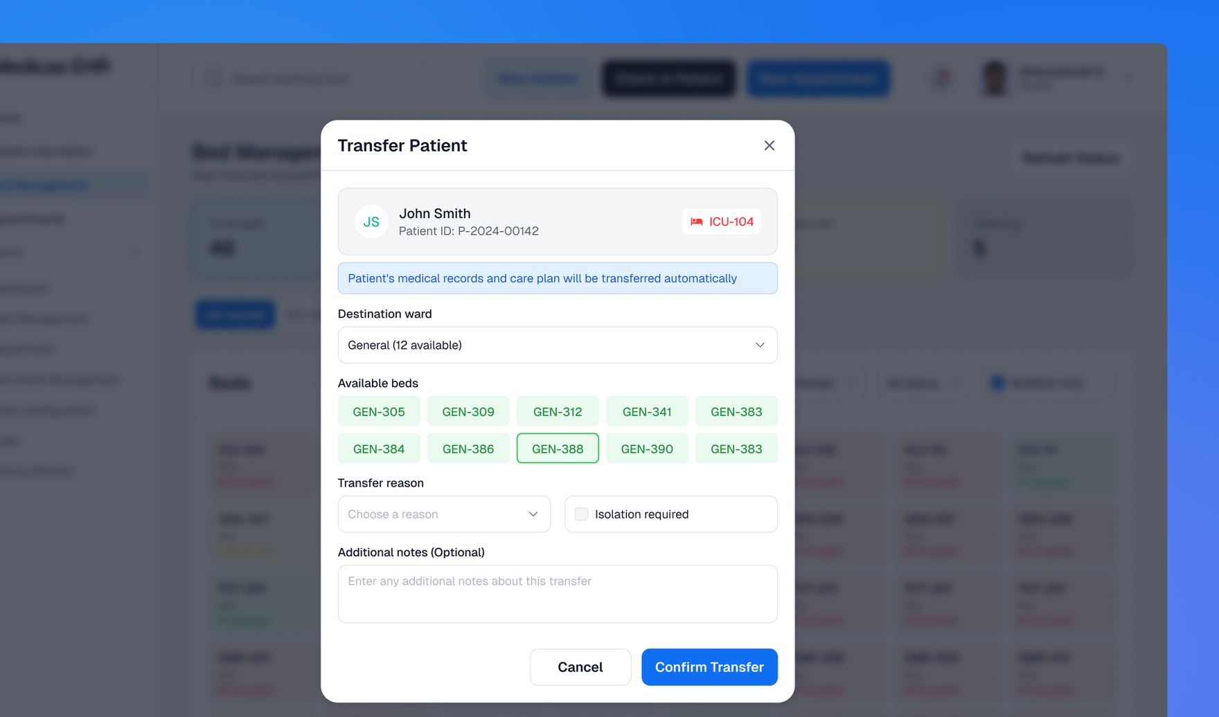 Transfer Patient modal showing destination ward, available beds, and transfer reason