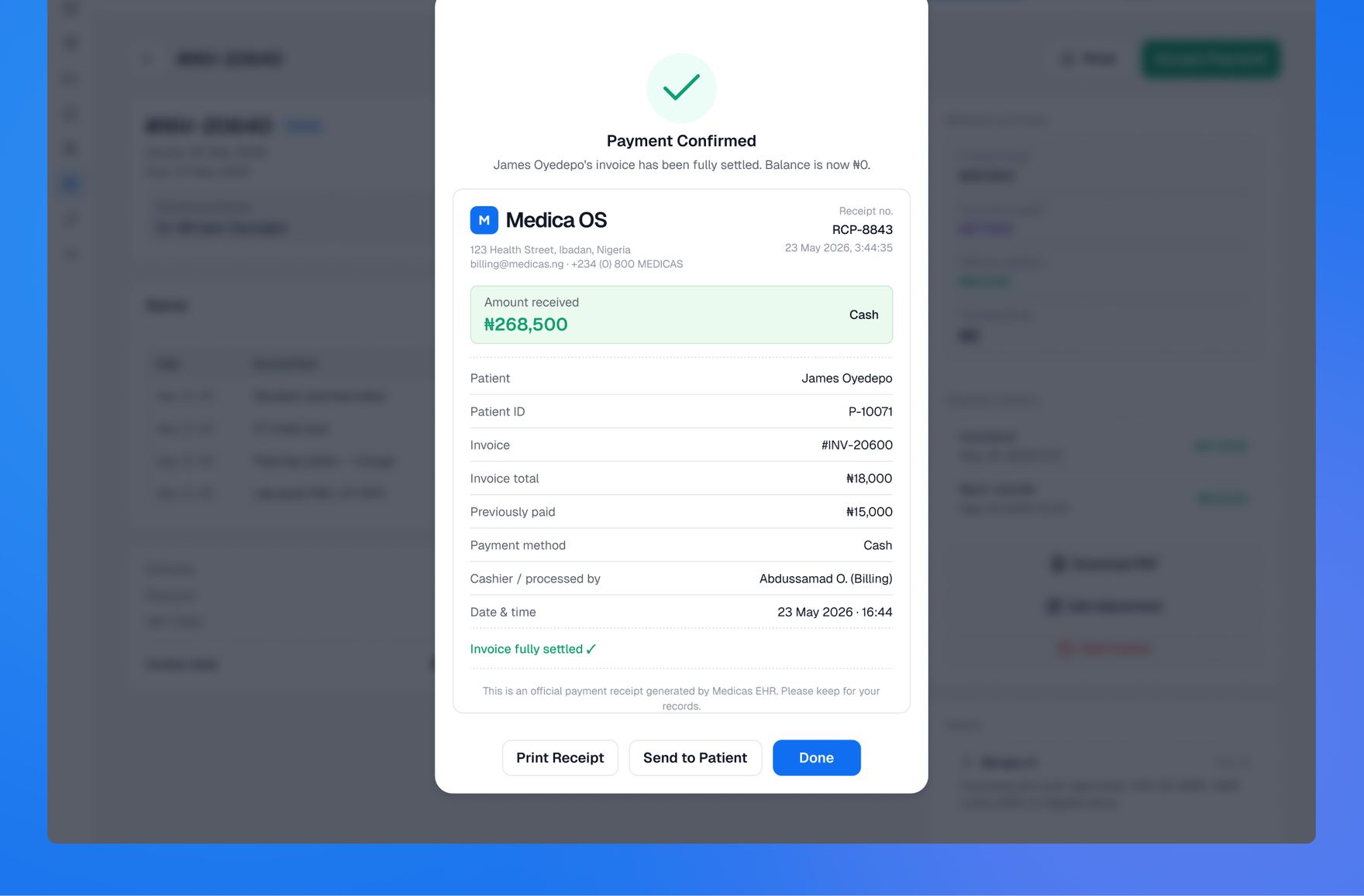 Payment confirmation receipt showing amount received, invoice details, and cashier information