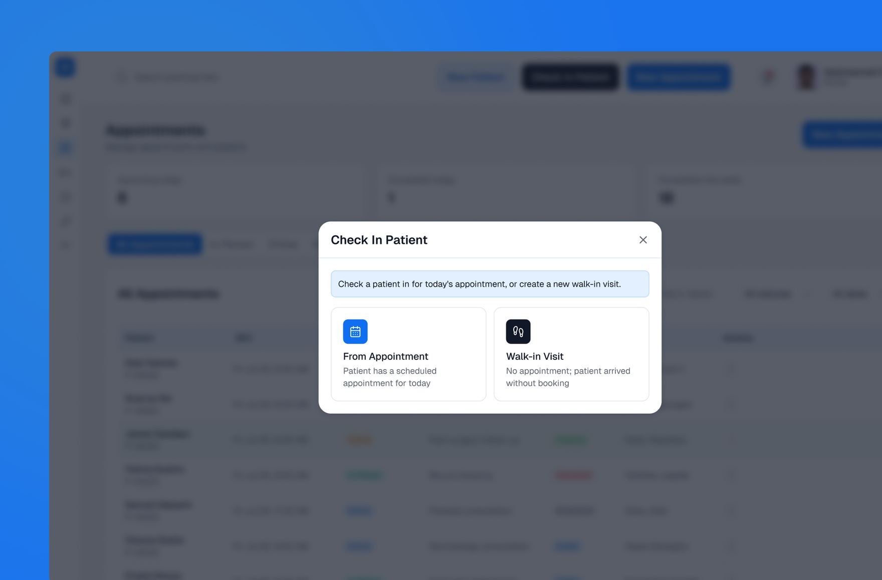 Check-in modal offering a choice between checking in from an existing appointment or registering a walk-in visit