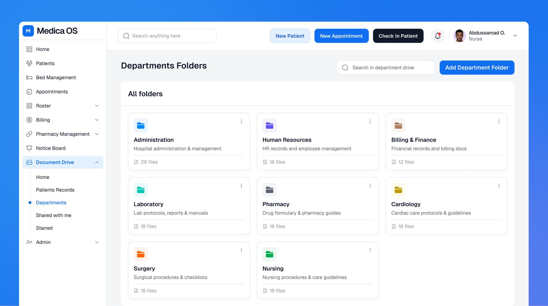 Shared document drive showing department folders for administration, HR, billing, laboratory, and more