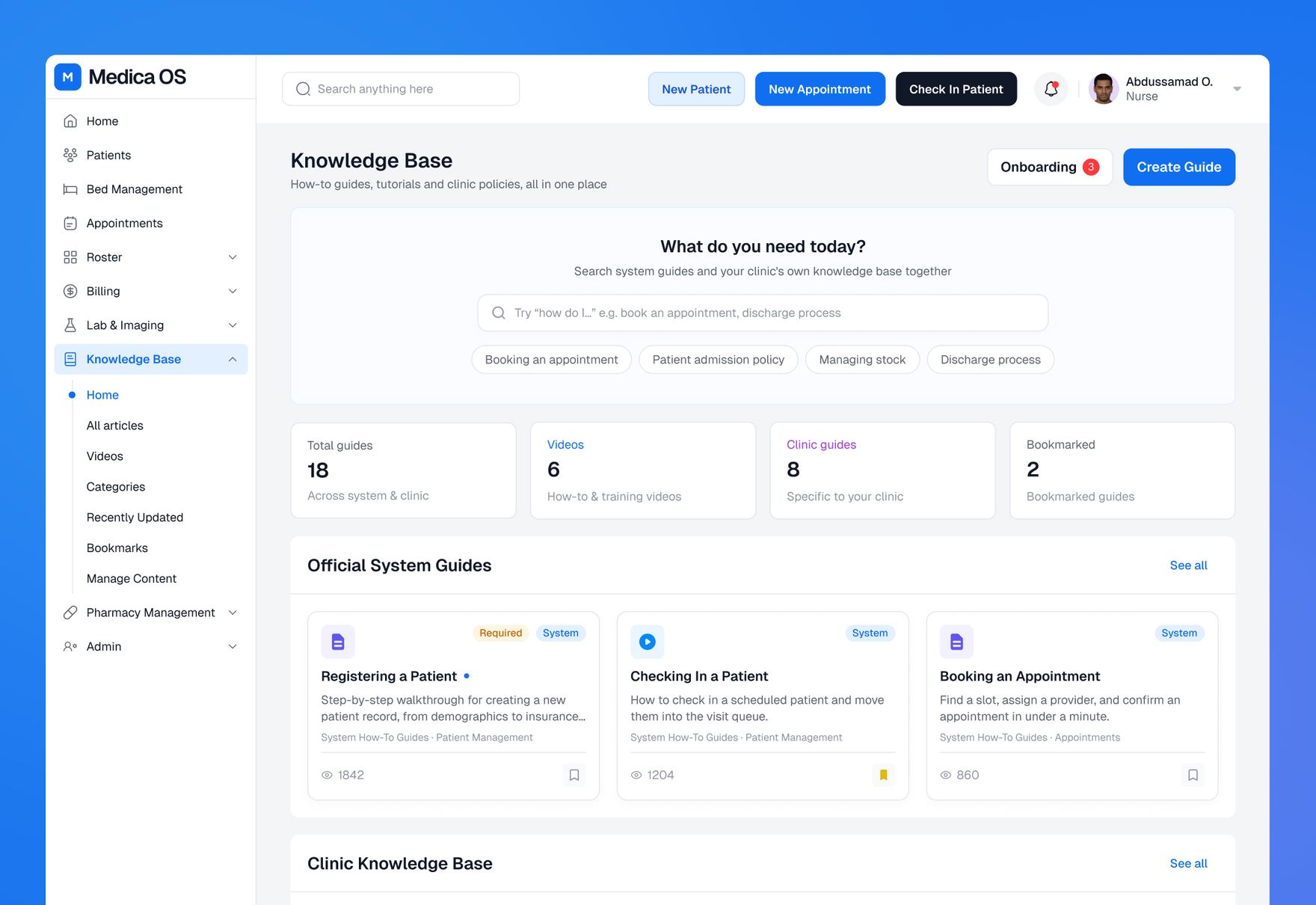 Knowledge base home showing official system guides, clinic policies, and popular articles