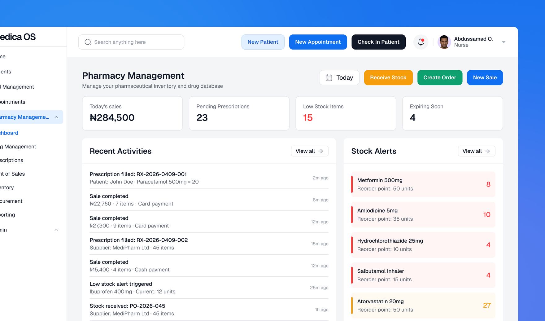 Pharmacy management dashboard showing sales, pending prescriptions, low stock items, and stock alerts