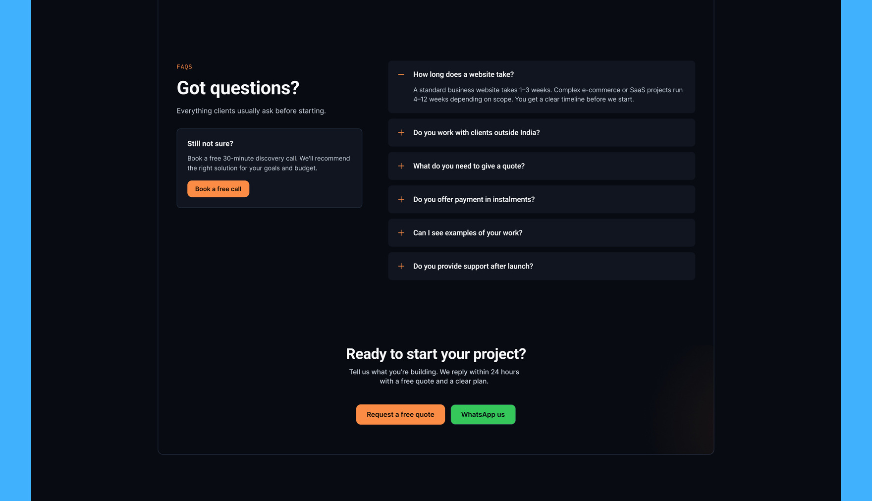 FAQ accordion, left-aligned icon, smooth open animation