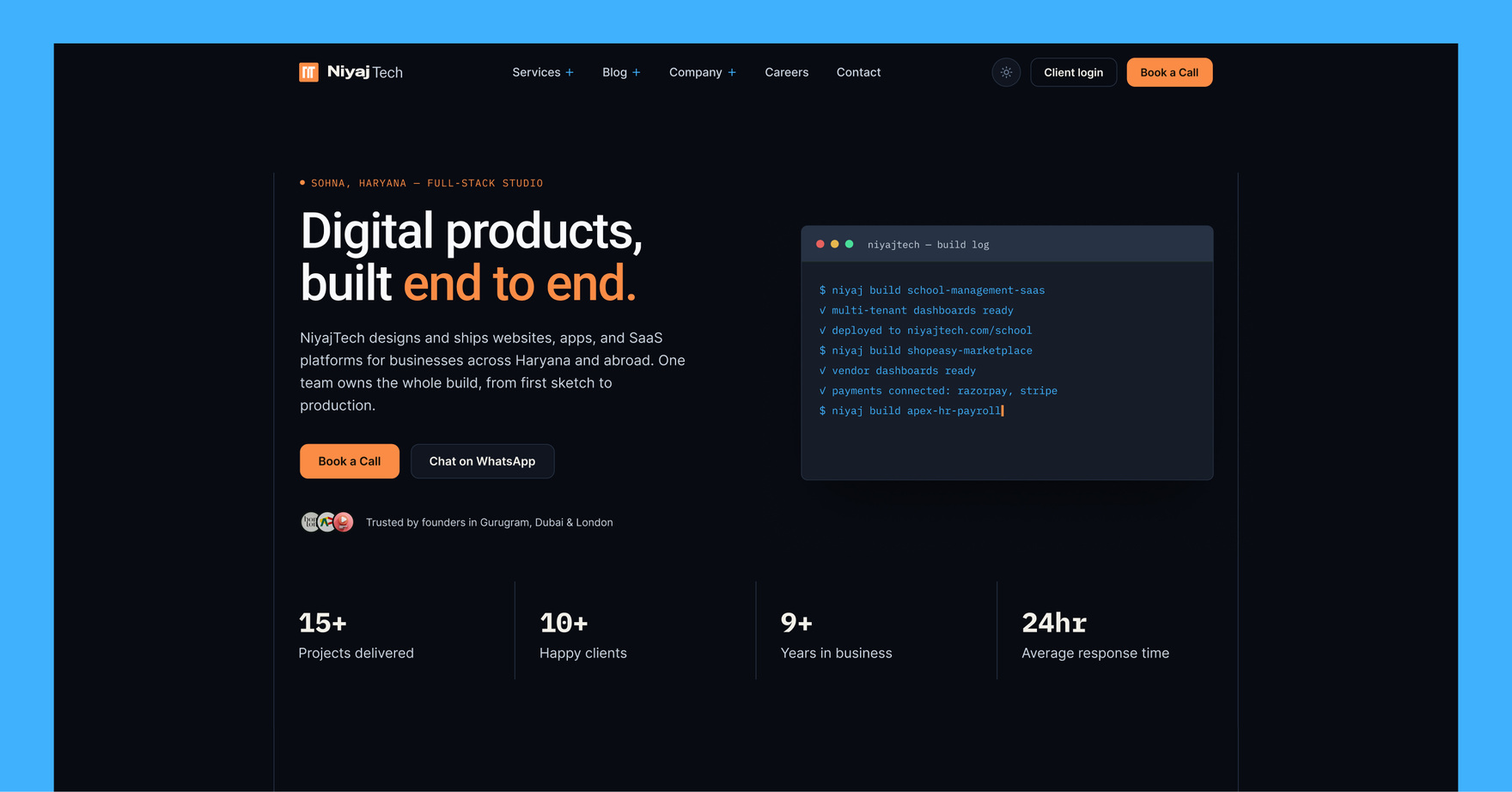 NiyajTech redesigned homepage hero, dark theme with a live build-log terminal