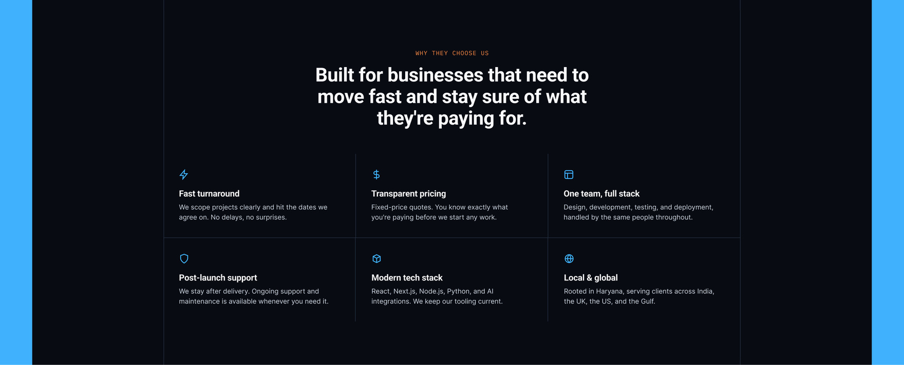 Why they choose us: fast turnaround, transparent pricing, one team full stack, post-launch support, modern tech stack, local and global