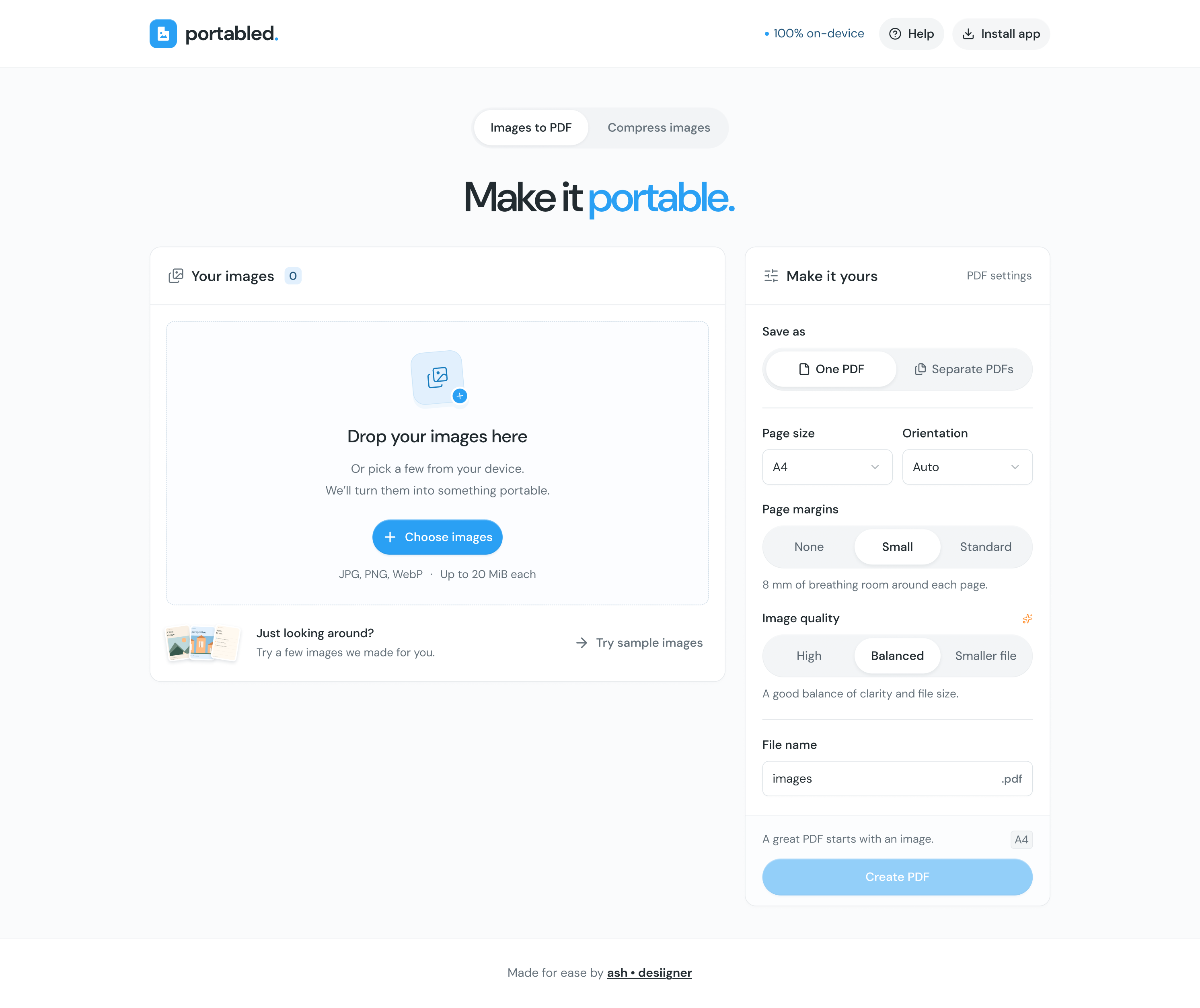 Portabled start screen with a choose-images area and PDF settings
