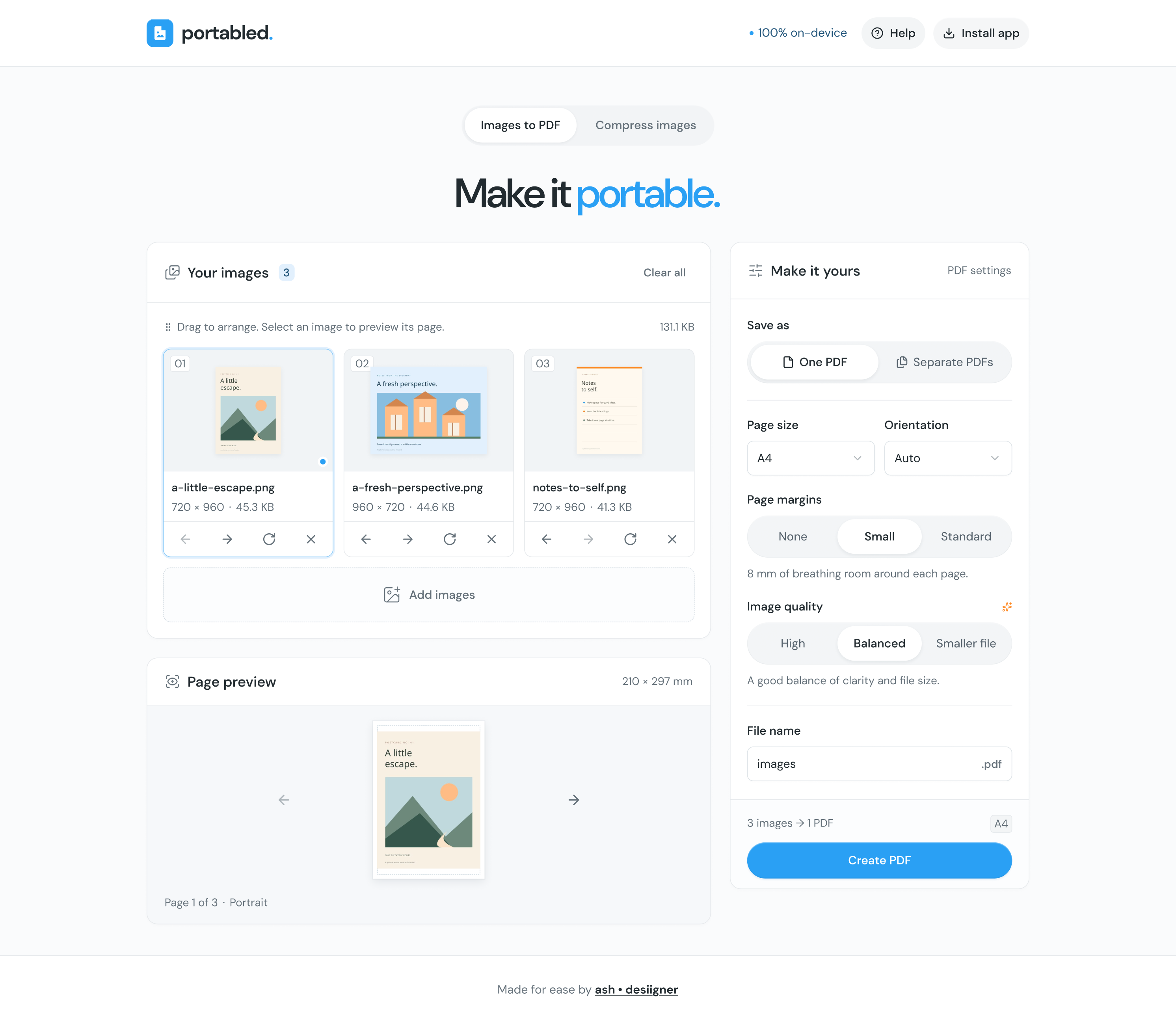 Three images arranged for export, with a page preview and PDF settings alongside