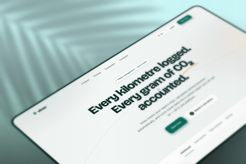 Vireo marketing website hero for a business mileage and CO2 tracking platform