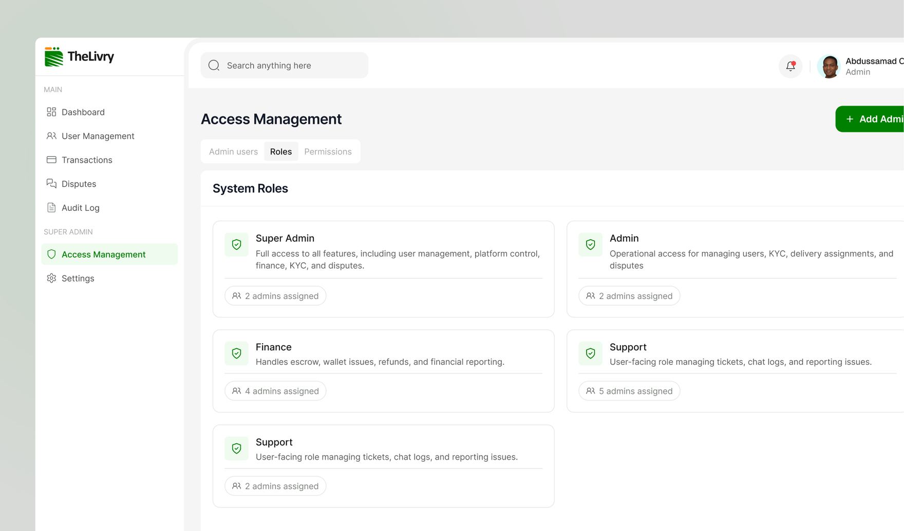 Access Management screen showing system roles, their scope of access, and the number of admins assigned to each
