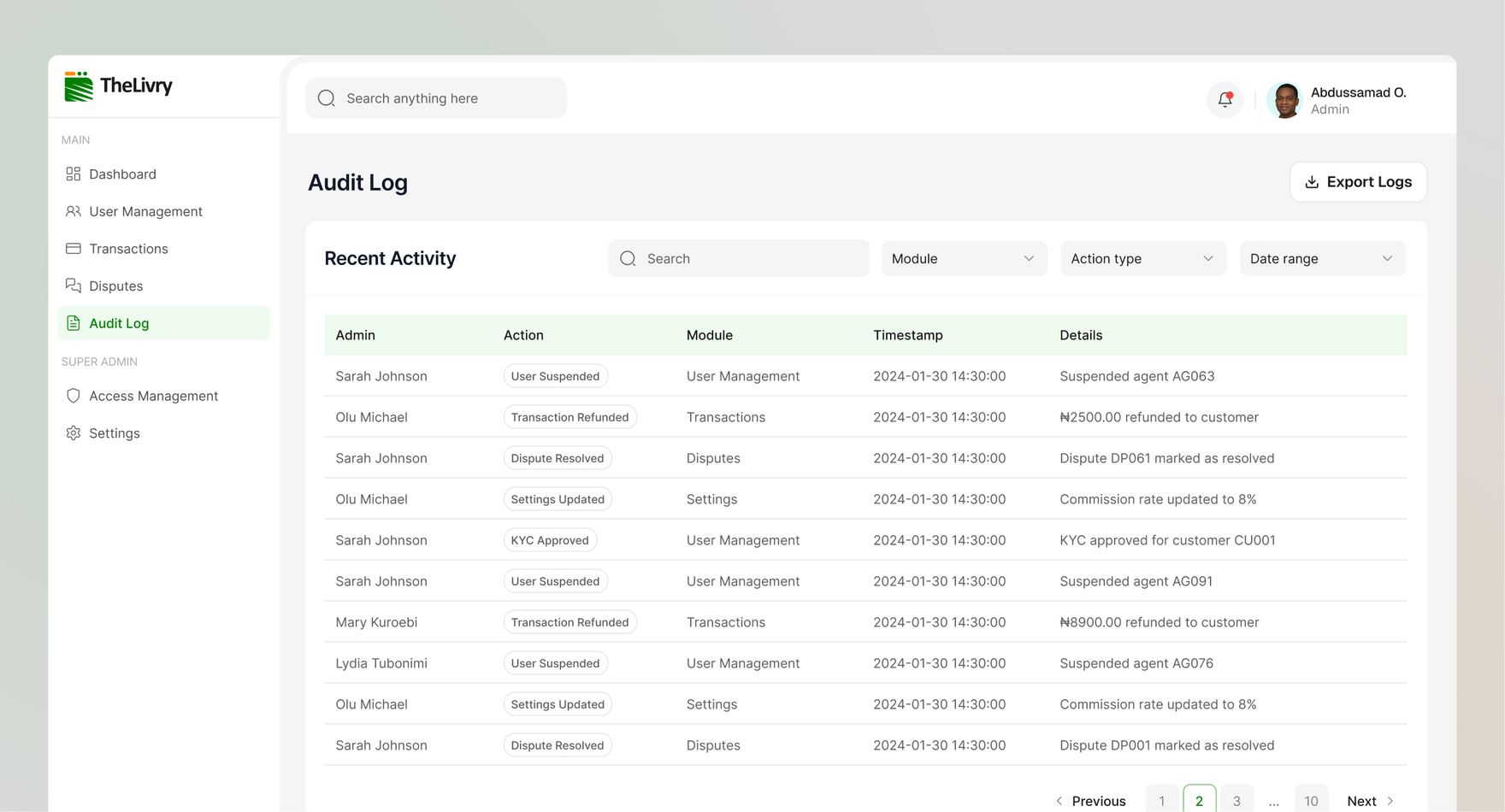 Audit log showing admin, action, module, timestamp, and details for recent platform activity, with filters and export