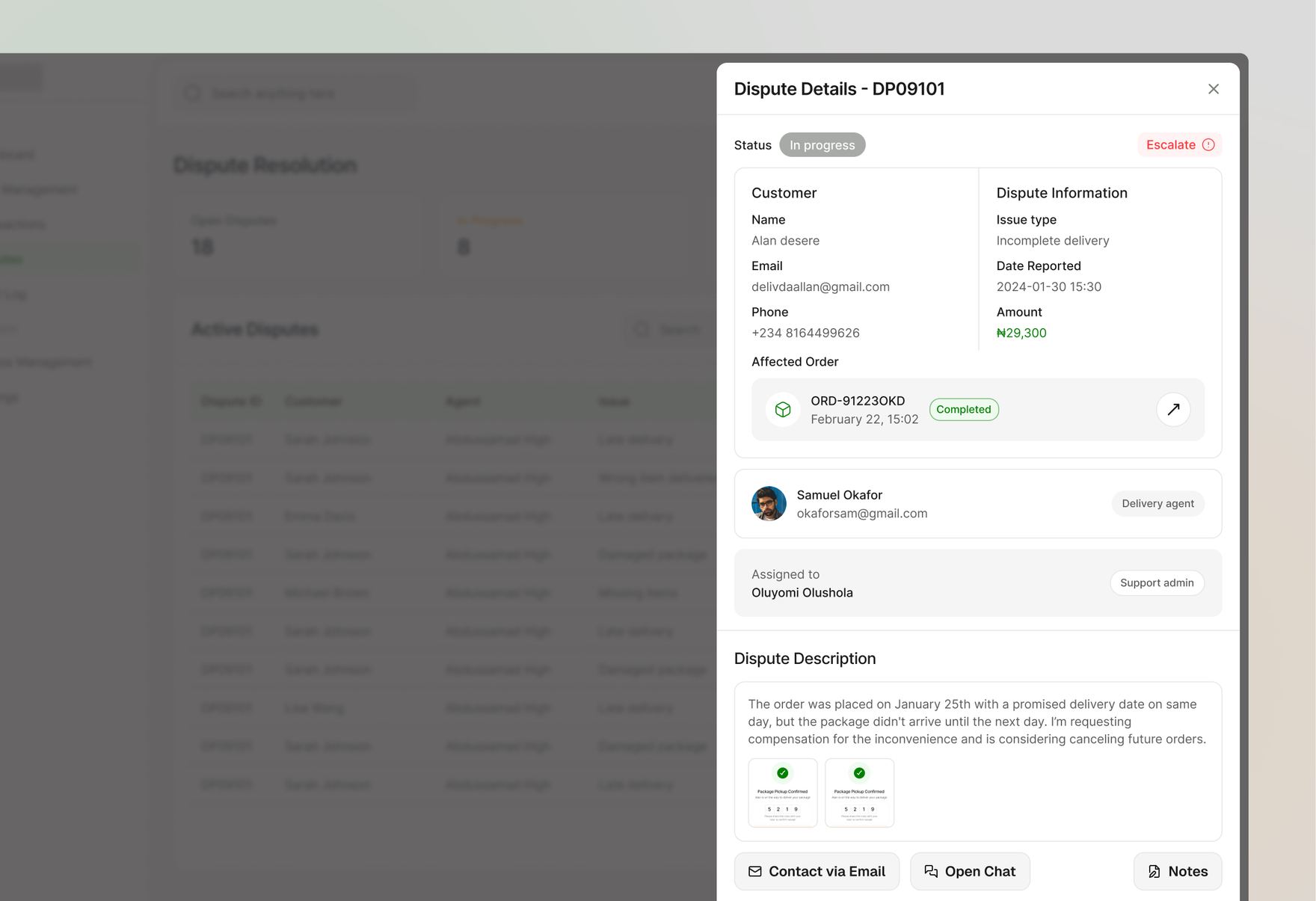 Dispute detail panel showing customer information, the affected order, assigned support agent, and delivery confirmation evidence