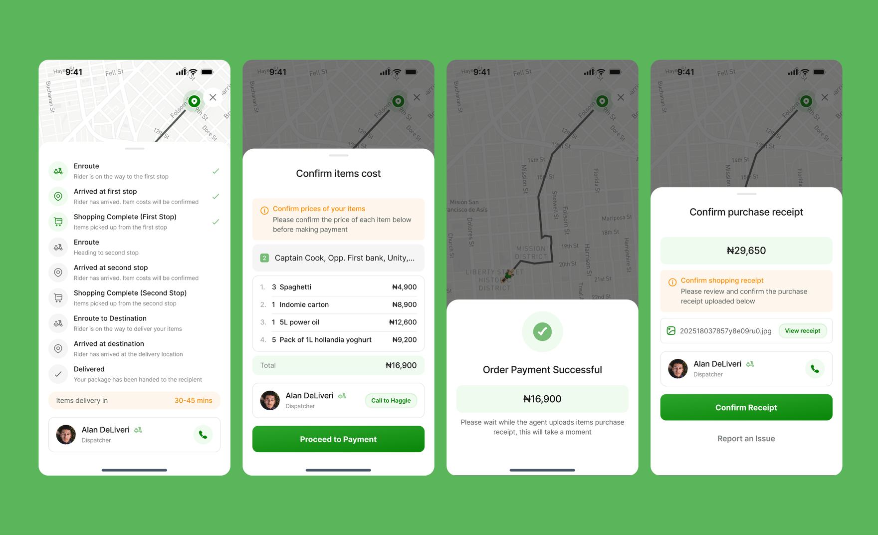 Errand tracking through each shopping stop, confirming item costs before payment, and reviewing the uploaded purchase receipt