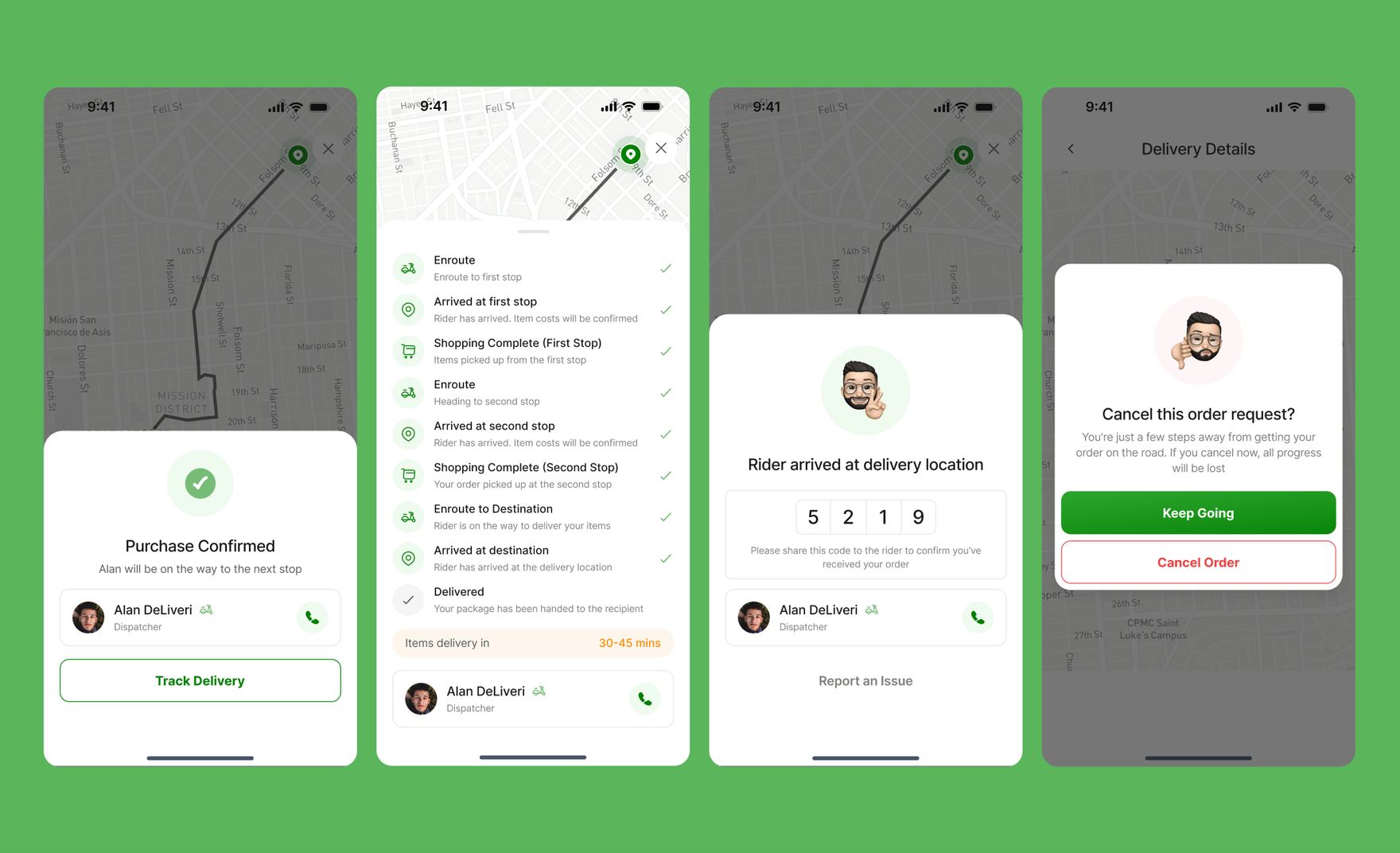 Purchase confirmation, the completed errand tracking timeline, the handover code, and the option to cancel an order still in progress