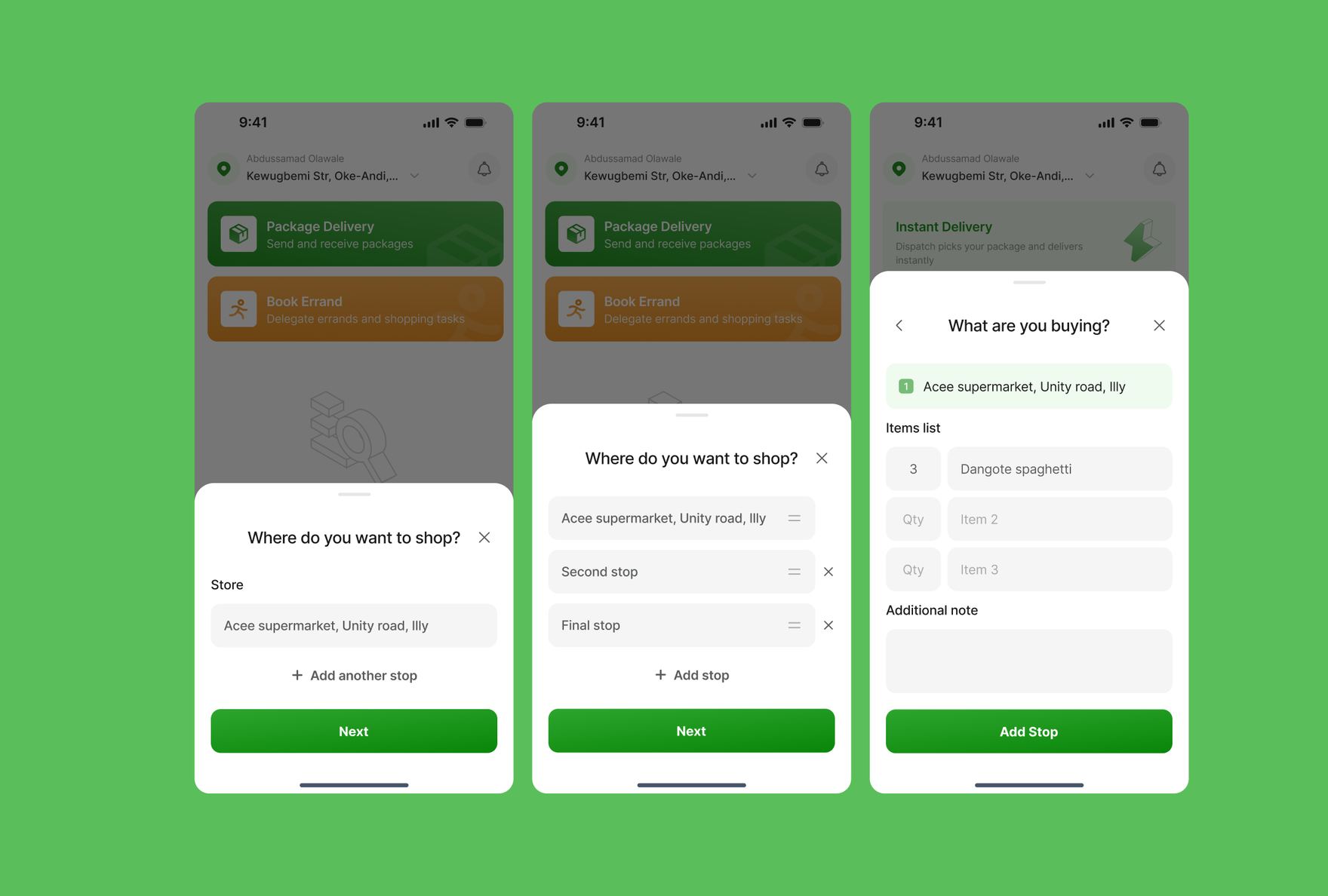 Errand booking flow for choosing one or more shopping stops and listing items to buy at each