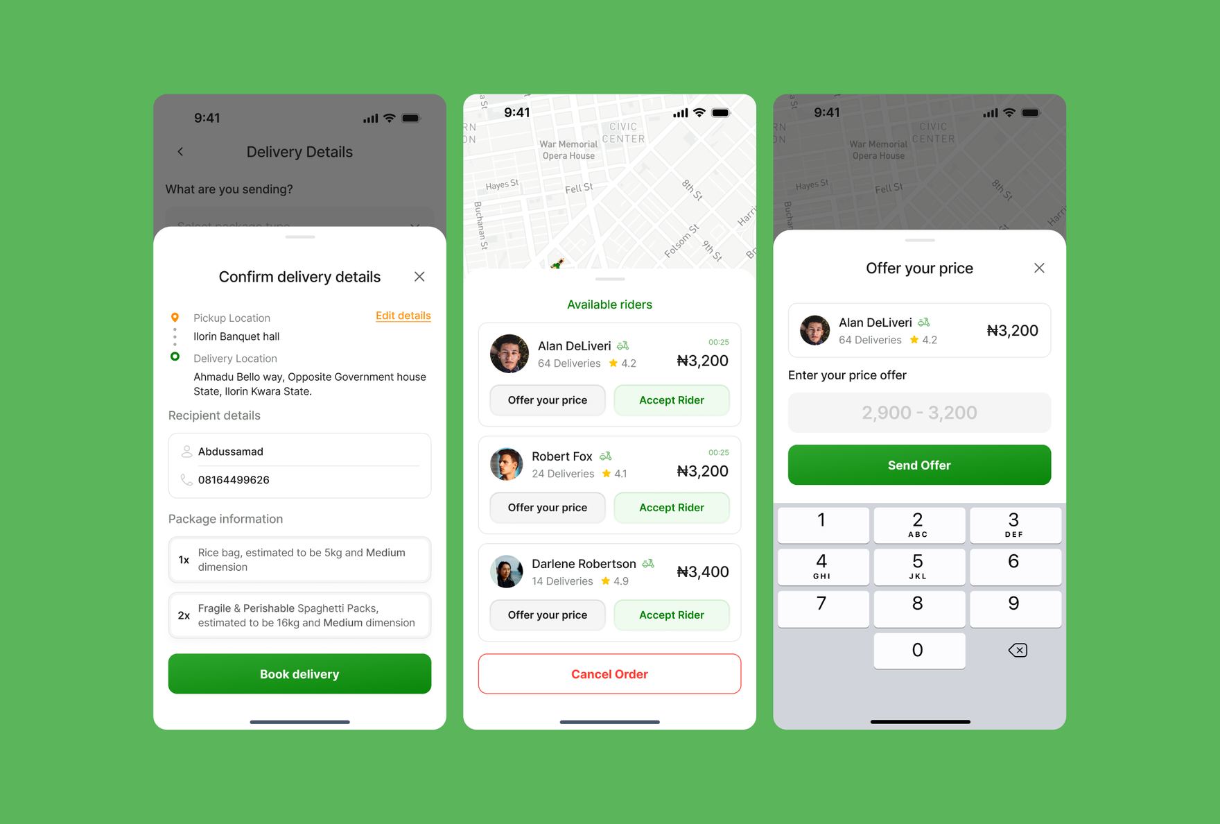 Confirm delivery details, available riders shown with rating, delivery count, and price, and a counter-offer keypad with a countdown to respond