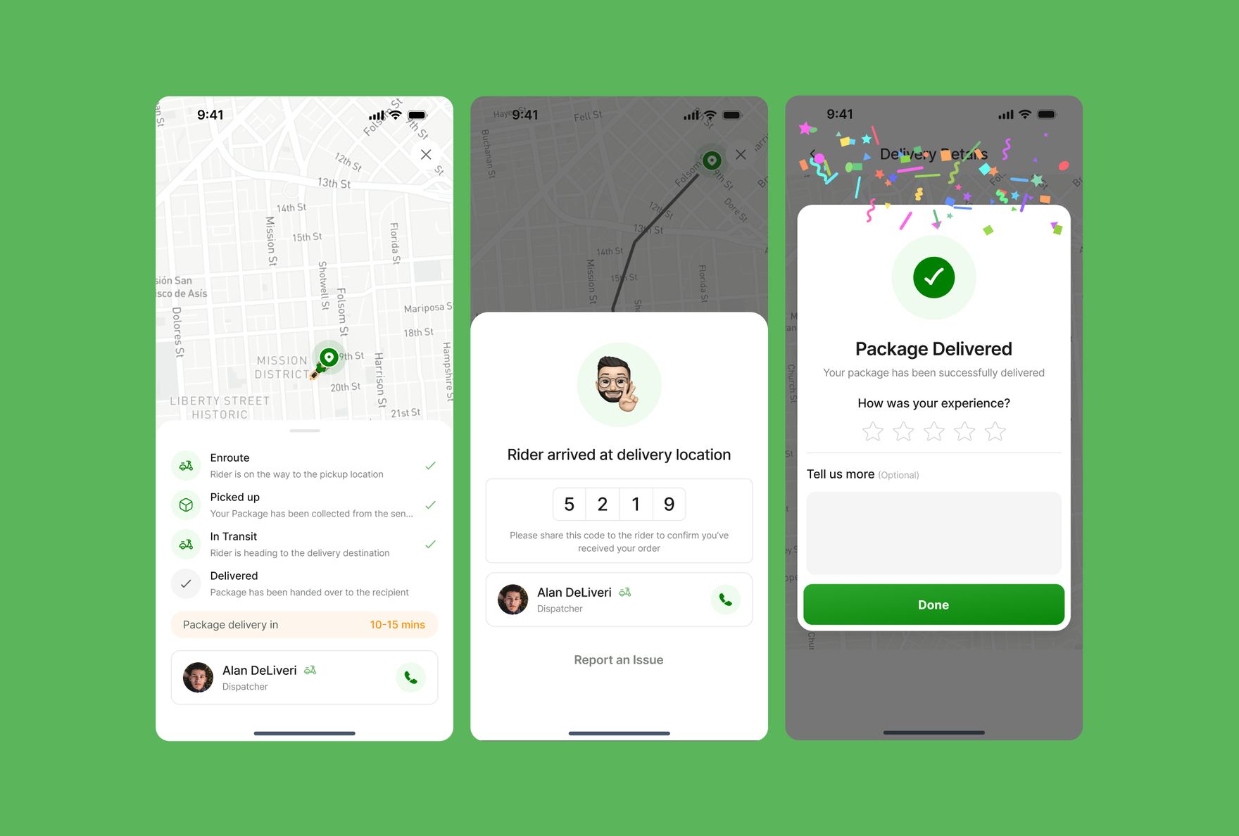 Real-time tracking stepper, a four-digit handover code shared at delivery, and the final delivered confirmation with a star rating prompt