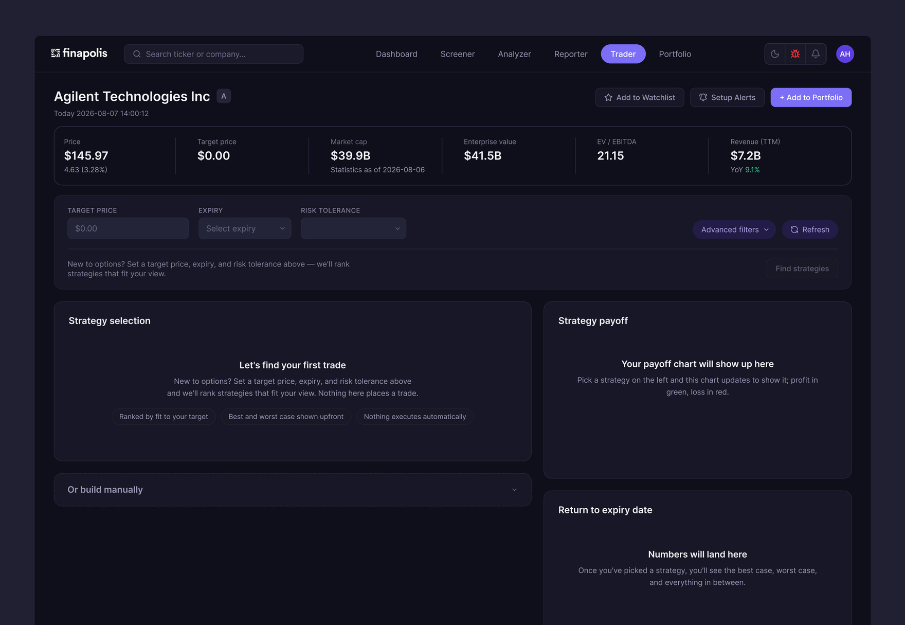 Empty state before filters are set, showing Let's find your first trade with target price, expiry, and risk tolerance unfilled