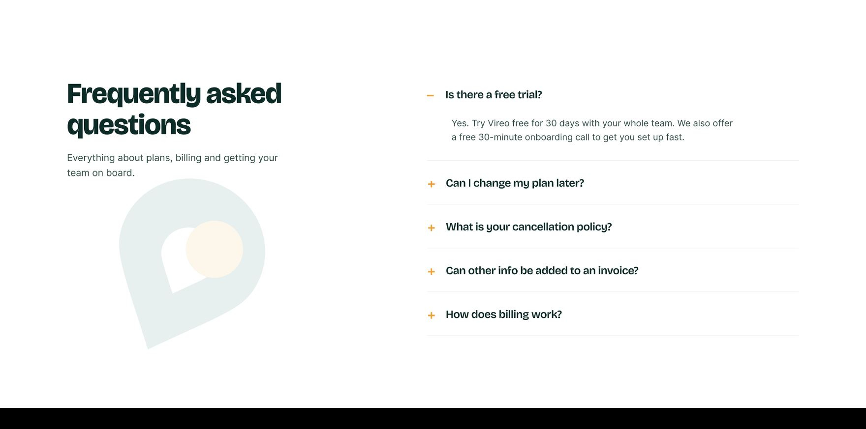 FAQ section answering questions about free trials, plan changes, cancellation policy, and billing