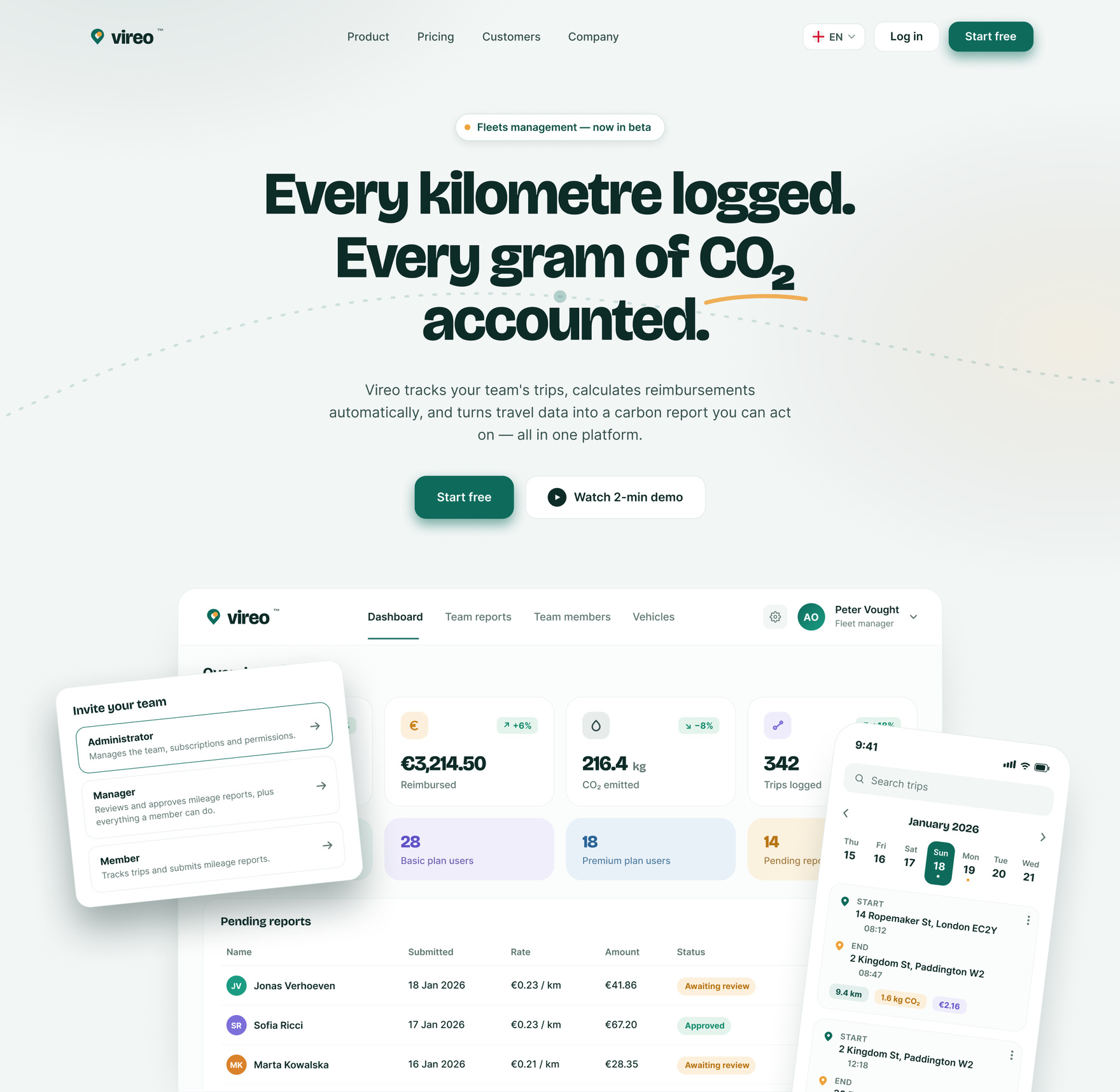 Vireo landing page hero showing the headline, CTA buttons, and overlapping dashboard and mobile app mockups