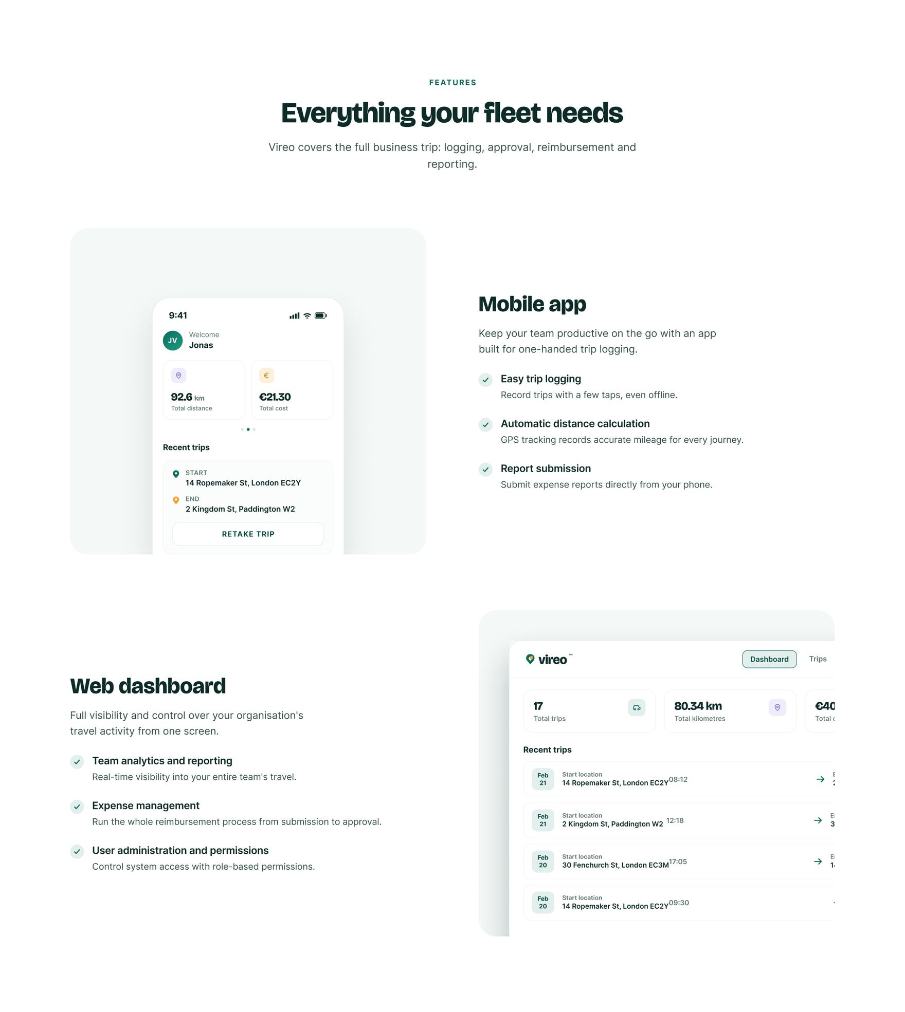 Mobile app features and web dashboard features shown side by side, each with its own screenshot