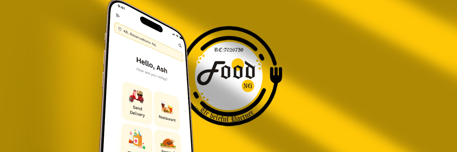 Food NG mobile app home screen with send delivery, restaurant, pharmacy, and frozen foods options